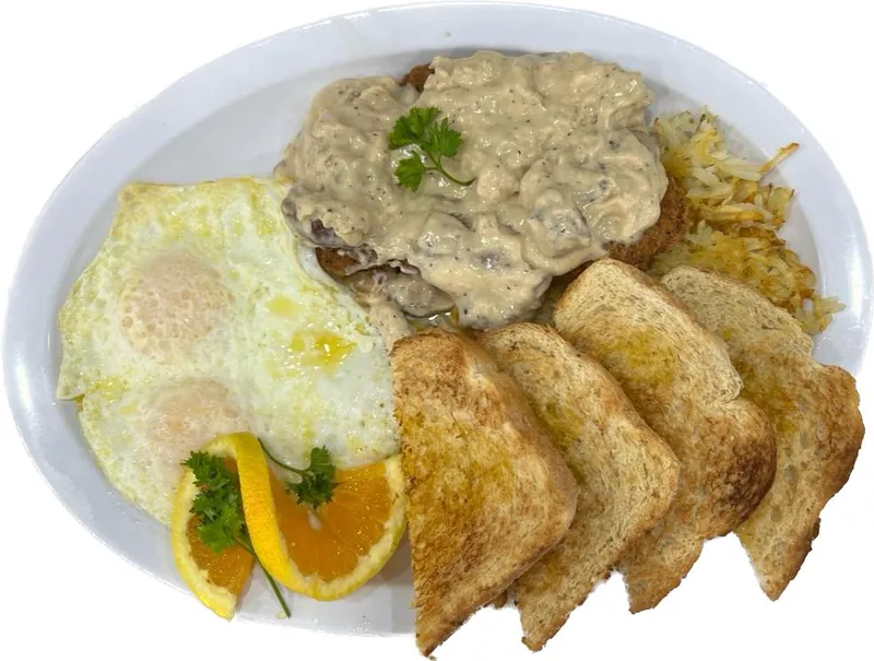 Chicken Fried Steak and Eggs at Omega Burgers, Bellflower