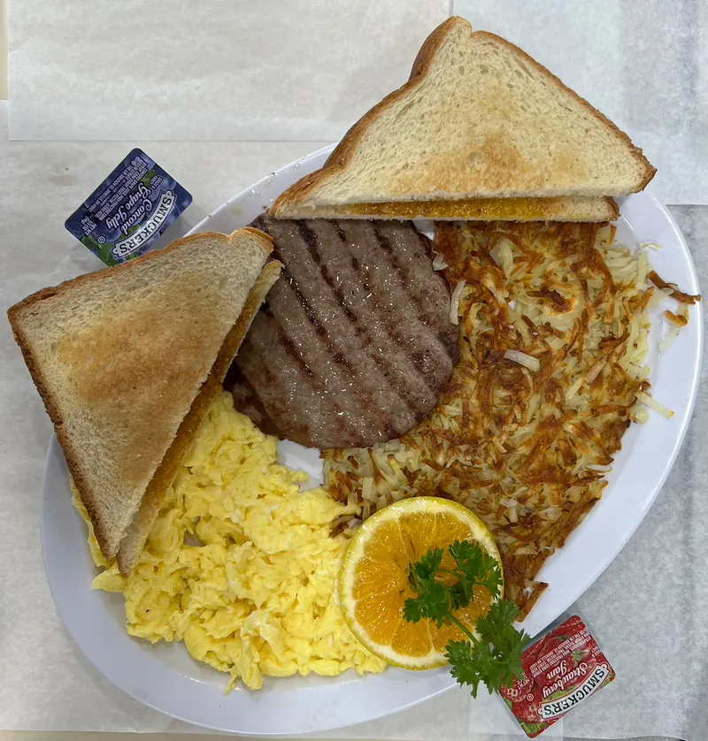 Hamburger Patty and Eggs at Omega Burgers, Bellflower
