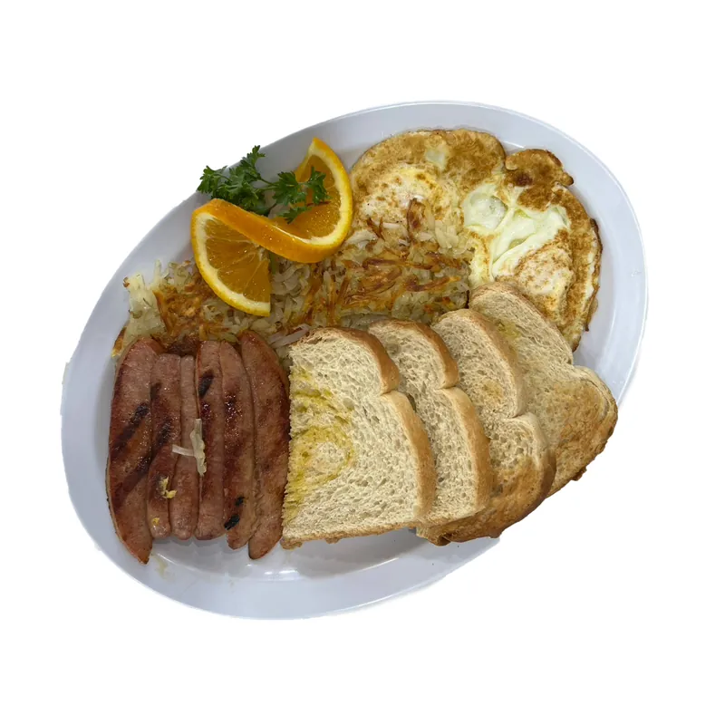 Polish Sausage and Eggs at Omega Burgers, Bellflower